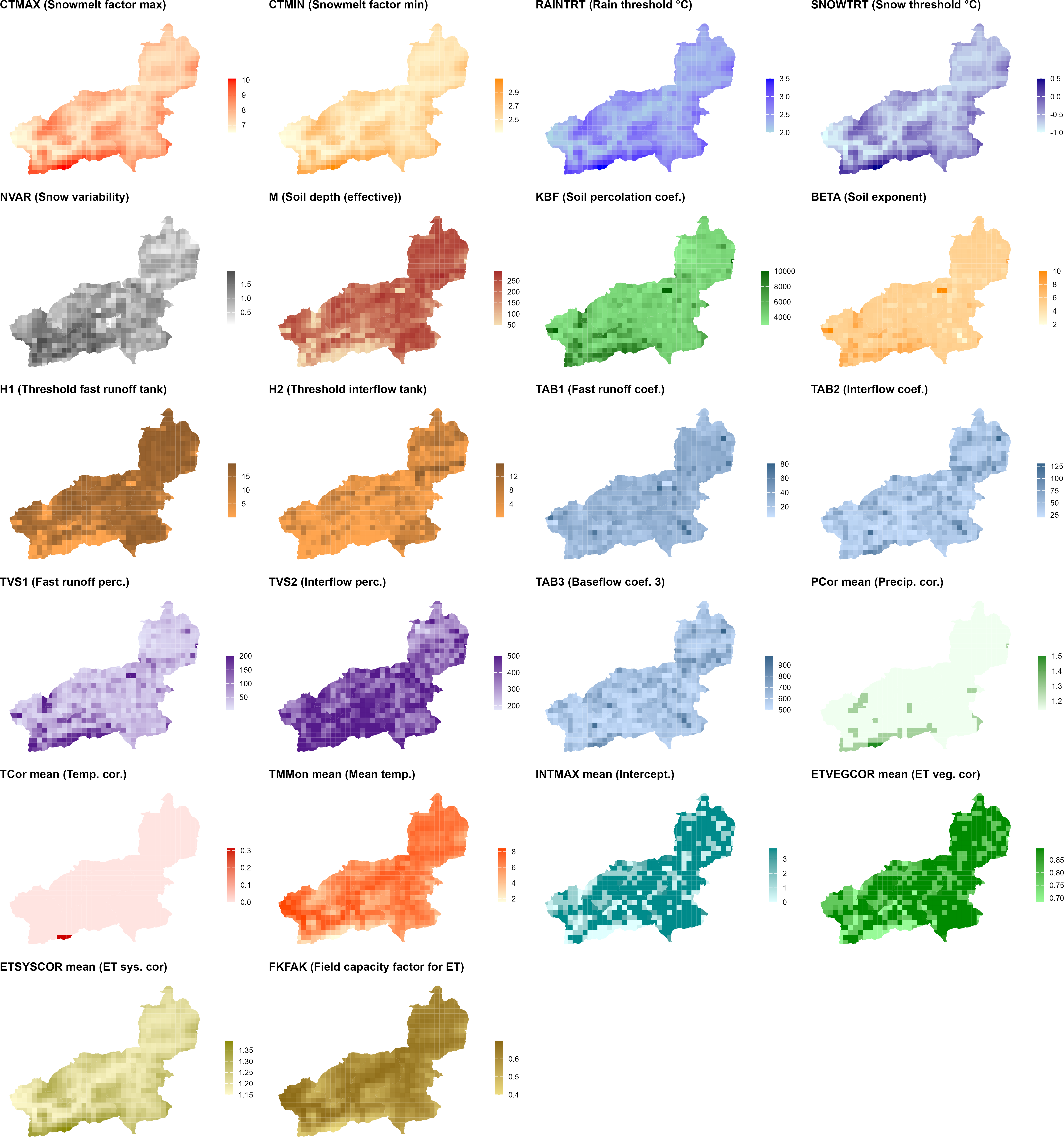 24-panel map of initial COSERO parameters for the Wildalpen catchment